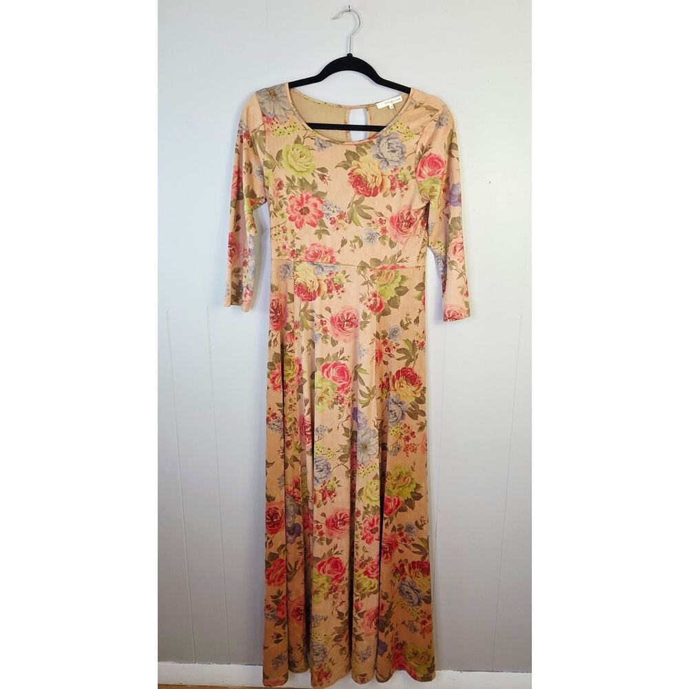 Orange Creek Maxi Dress Medium Suede Tan Floral 3/4 Sleeve Cottagecore Romantic - Picture 2 of 13